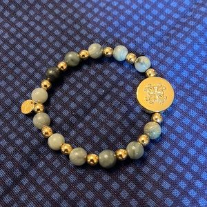 Rustic Cuff Beaded stretch bracelet with gold S charm.